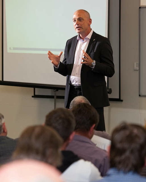 Fonterra CEO Theo Spierings talking to farmer shareholders.